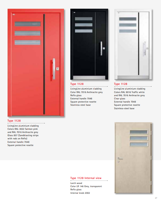 Type 1128 LivingLine – Reflo/Satinato LivingLine Aluminium Clad Wood Door, Sandblasting Strips & Rods, Designer Square Handle, Custom Grey RAL Colors, Advanced Security Lock